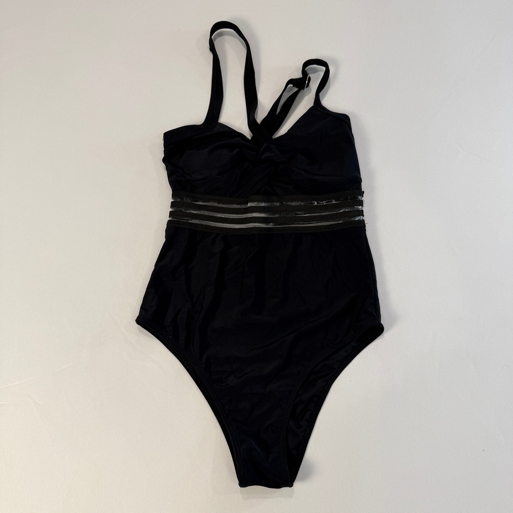 Eomenie Black One Piece Swimsuit Twisted Bust‎ Sheer Panel Detail Size S